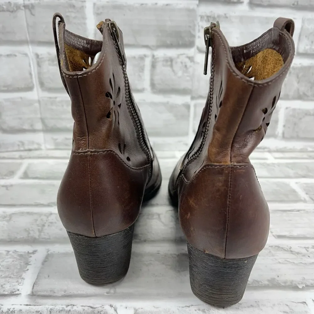 Born Ivy Women's Size 9 Brown Full Grain Leather Laser Cut Western Ankle Boot